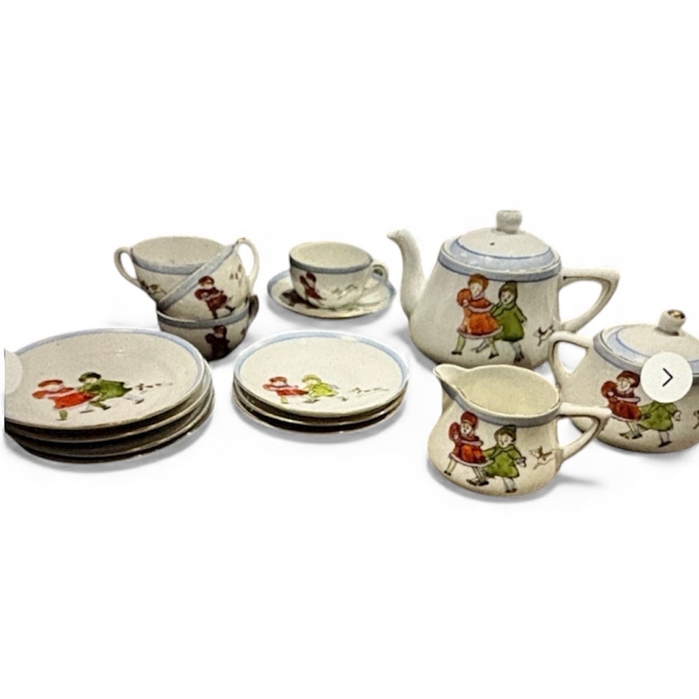 Tea Set Hand Painted Nippon Japan 16 Pc Sugar Creamer Dog Boy Girl Blue